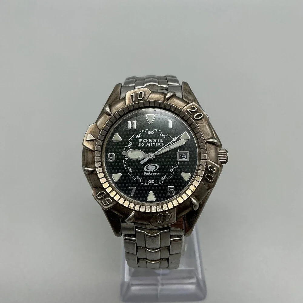 Fossil Blue AM-3091 Mens Watch 39mm Black Dial Silver Tone Date New Battery 6.5